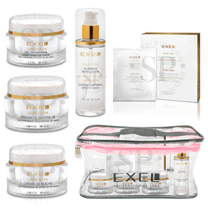 Kit Exel Facial Linea Seda Crema Contorno Ojos Locion Lifting c/ Bolso