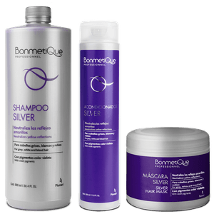 Kit Matizador Silver Shampoo 900ml + Acondicionador 350ml  + Mascara 300ml Bonmetique